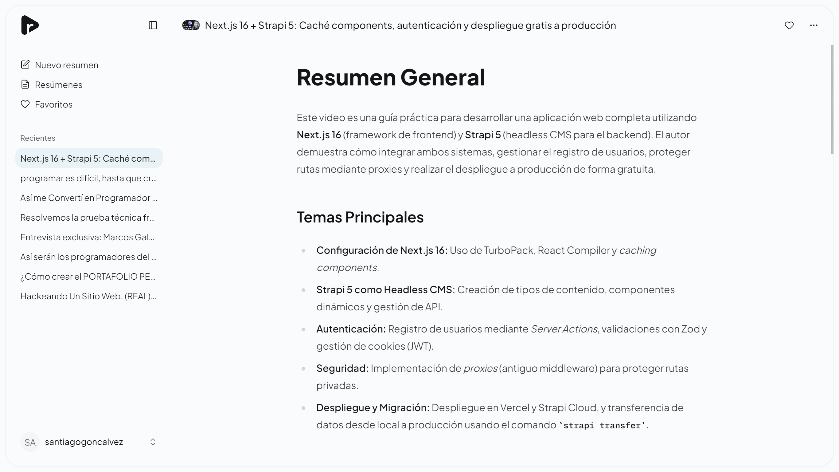 Resumen de un video sobre Next.js 16 y Strapi 5 en resu