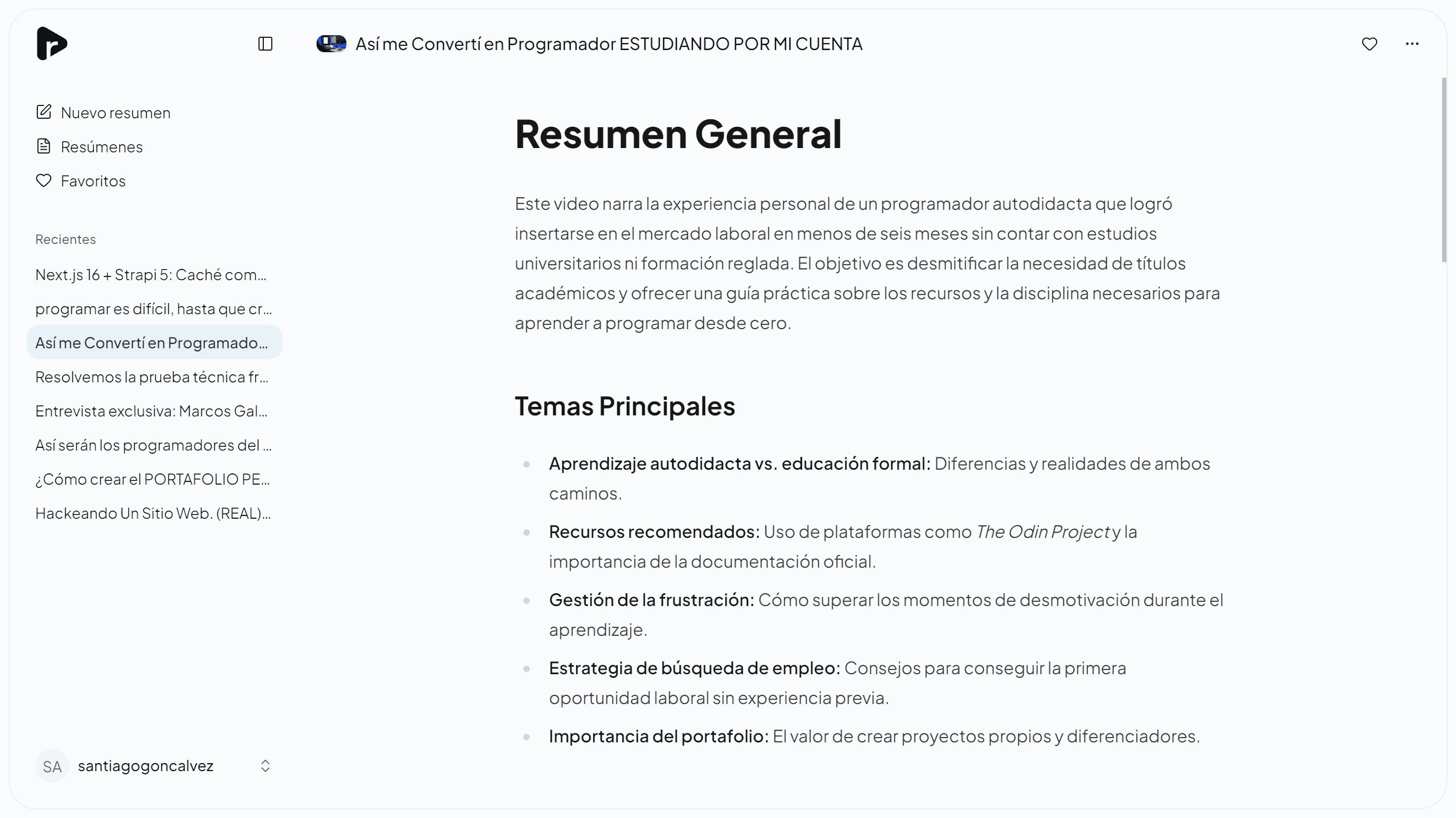 Resumen de un video sobre programación autodidacta en resu