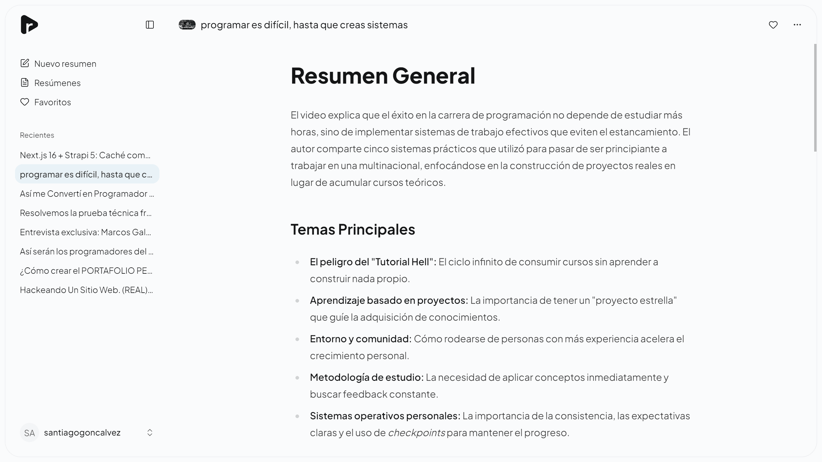 Resumen de un video sobre aprendizaje de programación en resu