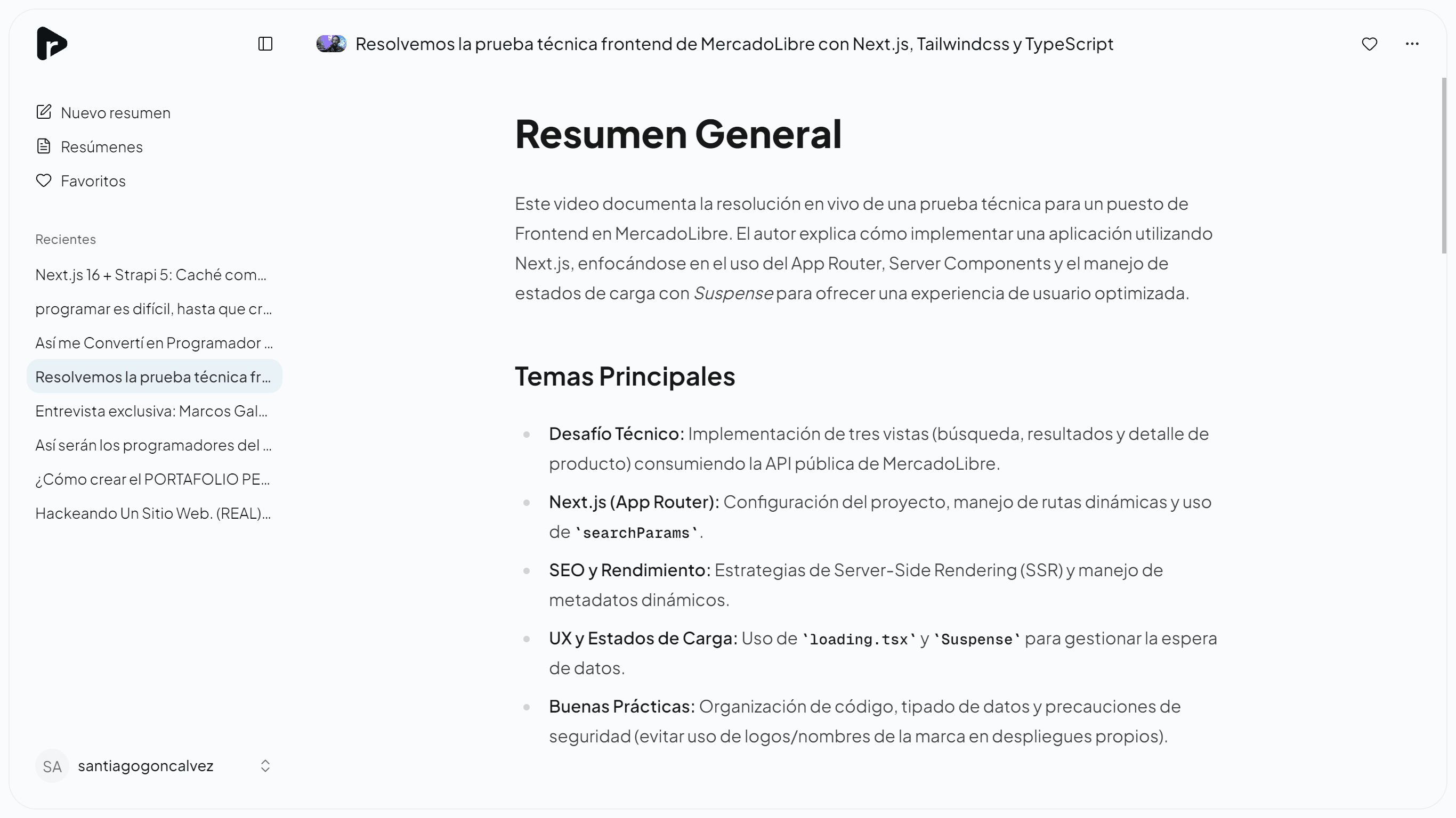Resumen de una prueba técnica de MercadoLibre en resu